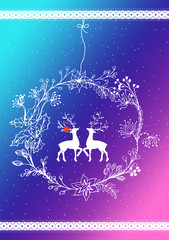 Neon-colored greeting card with hand-drawn reindeer and wreath.