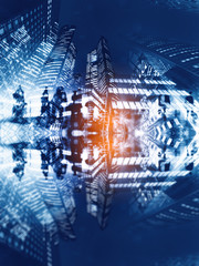 Silhouettes of people walking in the street near skyscrapers and modern office buildings in Paris business district. Multiple exposure blurred image. Economy, finances, business concept illustration