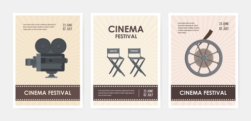 Bundle of vertical flyer or poster templates with retro camera, director and producer chairs, film reel and place for text. Colorful flat vector illustration for cinema festival advertisement, promo.
