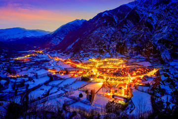 Fototapeta na wymiar Benasque village sunset in Huesca Pyrenees Spain