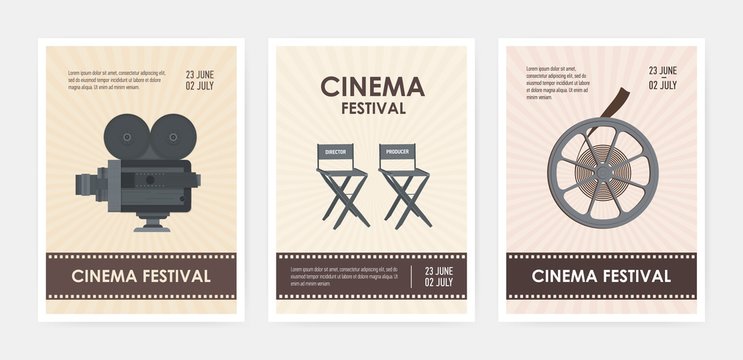 Bundle of vertical flyer or poster templates with retro camera, director and producer chairs, film reel and place for text. Colorful flat vector illustration for cinema festival advertisement, promo.