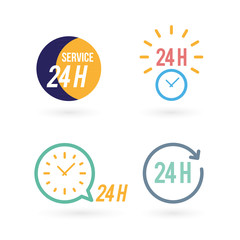 "24 hours" icon set. Concept of 24/7, open 24 hours, customer service, open around the clock, call center, open everyday.  Vector illustration, flat design