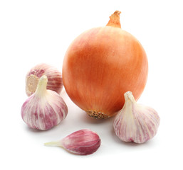 Fresh onion with garlic on white background