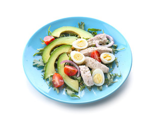 Plate with delicious chicken salad on white background