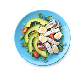 Plate with delicious chicken salad on white background