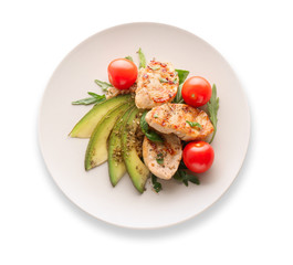 Plate with delicious chicken salad on white background