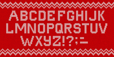 Vector illustration folk latin Christmas Font Scandinavian style knitted letters alphabet and pattern. Seamless background Nordic fair isle knitting, winter holiday sweater design.