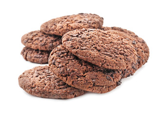 Delicious chocolate cookies on white background