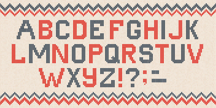 Vector illustration folk latin Christmas Font Scandinavian style knitted letters alphabet and pattern. Seamless background Nordic fair isle knitting, winter holiday sweater design.