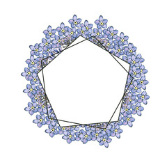 Rectangular frame with forget-me-nots around. Small blue and purple flowers. watercolor. Isolated on white background.