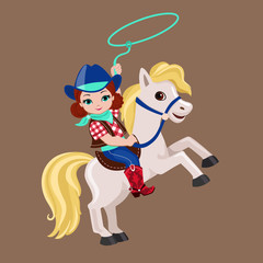 Cowgirl riding a horse with lasso.