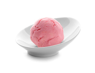 Plate with delicious strawberry ice-cream on white background