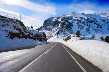 Candanchu snow road in Huesca Pyrenees Spain
