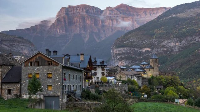 4k timelapse footage of Torla village at the sunset time, in Ordesa and Monte Perdido National Park, Spain.