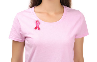 Fototapeta premium Beautiful woman with pink ribbon on white background, closeup. Breast cancer concept