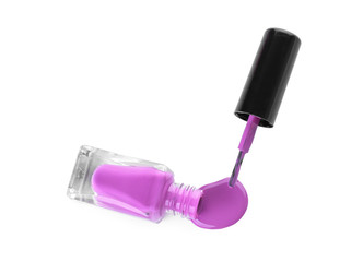 Open bottle of nail polish on white background
