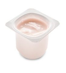 Plastic cup with yummy strawberry yogurt on white background