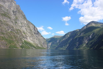 Beautiful view of Geirangerfjord surrounded by mountains. Near Geiranger, Norway.