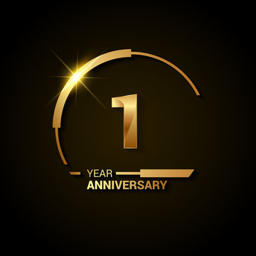 1 Years Anniversary Celebration Logotype. Golden Elegant Vector Illustration with Half Circle, Isolated on Black Background can be use for Celebration, Invitation, and Greeting card