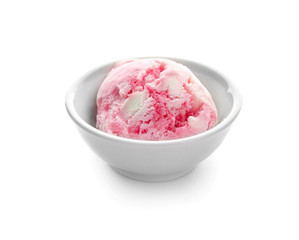 Bowl with tasty strawberry ice cream on white background