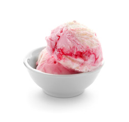 Bowl with tasty strawberry ice cream on white background