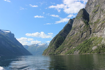 Beautiful view of Geirangerfjord surrounded by mountains. Near Geiranger, Norway.