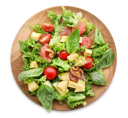 Plate with tasty avocado salad on white background