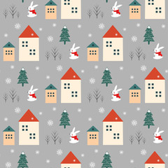 Xmas tree, snowflakes, rabbit and houses seamless pattern on grey background. Happy New Year and Merry Xmas background. Vector winter design for textile, wrapping paper, fabric, card.