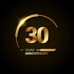 30 Years Anniversary Celebration Logotype. Golden Elegant Vector Illustration with Half Circle, Isolated on Black Background can be use for Celebration, Invitation, and Greeting card