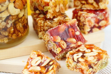 Nuts in honey and sweet marmalade with various nuts