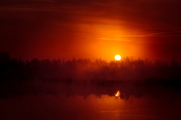 A beautiful, bright sunrise over the swamp in red tones. Dramatic, colorful morning in the wetlands. Latvia, Northern Europe.