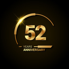 52 Years Anniversary Celebration Logotype. Golden Elegant Vector Illustration with Half Circle, Isolated on Black Background can be use for Celebration, Invitation, and Greeting card