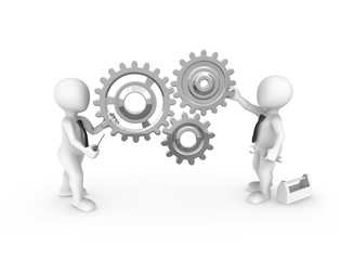 3d small people with gears and tools.