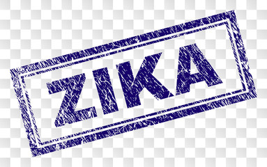 ZIKA stamp seal watermark with rubber print style and double framed rectangle shape. Stamp is placed on a transparent background. Blue vector rubber print of ZIKA text with retro texture.