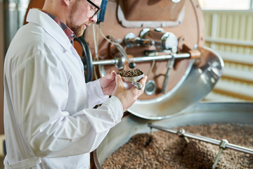Side view portrait of modern worker wearing lab coat holding scoop of beans while working in coffee...