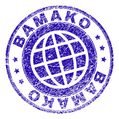 BAMAKO stamp imprint with grunge effect. Blue vector rubber seal imprint of BAMAKO caption with grunge texture. Seal has words arranged by circle and globe symbol.
