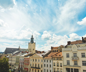 Fototapeta premium A view from rooftop on Lviv city skyline