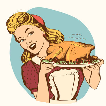 Retro smiling housewife cooks roasted turkey in the kitchen.Vector color image