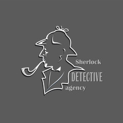 Sherlock. Detective Agency. Cut out silhouette with text. Design of a poster, emblems, a signboard of a private detective firm.