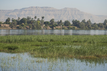 View of river nile in Egypt showing Luxor west bank mountain