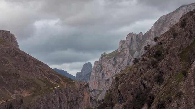 4k timelapse footage of the end of the day in Ruta del Cares, Picos de Europa National Park, Spain.