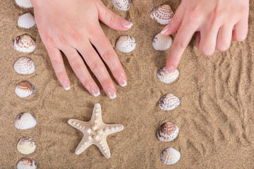 Female hands with french nails polish on sandy beach with shell and starfish. Manicure and holiday girl beauty concept. Close up, selective focus
