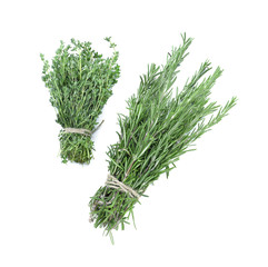 Bunches of fresh thyme and rosemary on white background