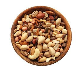 Bowl with various tasty nuts in white background