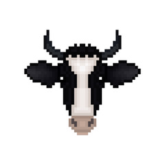 Obraz premium Cartoon pixelated Cow icon. Pixel design. Cow muzzle isolated on white background. Vector illustration.