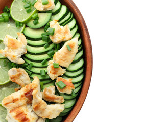 Salad with ripe avocado, chicken and lime on white background