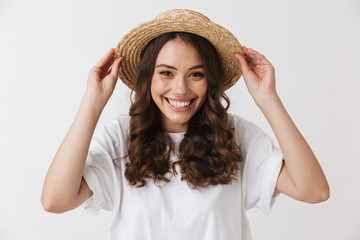 Close up portrait of a cheerful young casual brunette woman