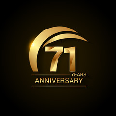 71 Years Anniversary Celebration Logotype. Golden Elegant Vector Illustration  with Gold Swoosh,  Isolated on Black Background can be use for Celebration, Invitation, and Greeting card