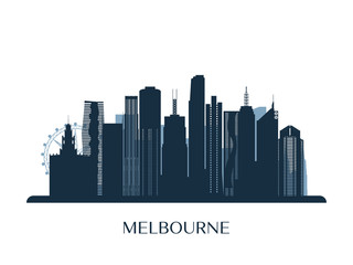 Melbrourne skyline, monochrome silhouette. Vector illustration.