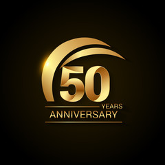 50 Years Anniversary Celebration Logotype. Golden Elegant Vector Illustration  with Gold Swoosh,  Isolated on Black Background can be use for Celebration, Invitation, and Greeting card